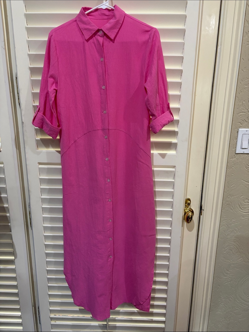Bright Pink Button-Front Shirt Dress. Size Small
